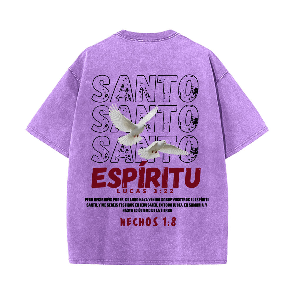 Christianartworkshop Spanischer Heiliger Geist-Slogan, Doppeltaube, Used-Look-Schriftart, Rückseitengrafik, gewaschenes Unisex-T-Shirt - image 26