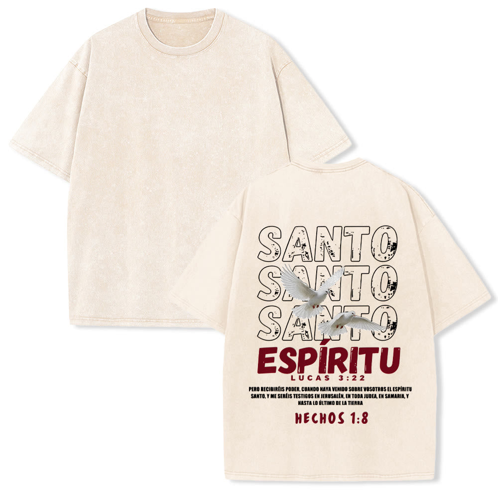 Christianartworkshop Spanischer Heiliger Geist-Slogan, Doppeltaube, Used-Look-Schriftart, Rückseitengrafik, gewaschenes Unisex-T-Shirt - Beige - 5XL - image 1
