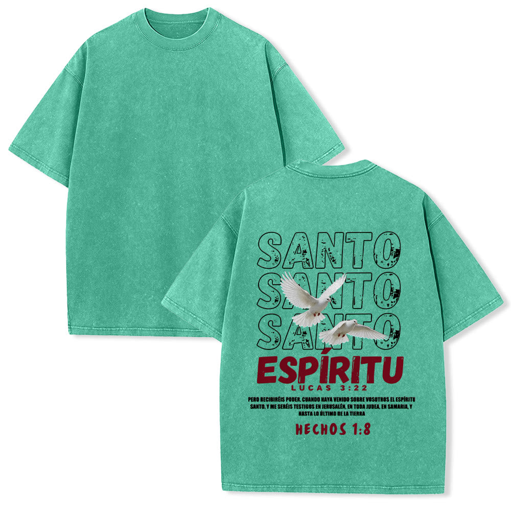 Christianartworkshop Spanischer Heiliger Geist-Slogan, Doppeltaube, Used-Look-Schriftart, Rückseitengrafik, gewaschenes Unisex-T-Shirt - Grün - 5XL - image 7