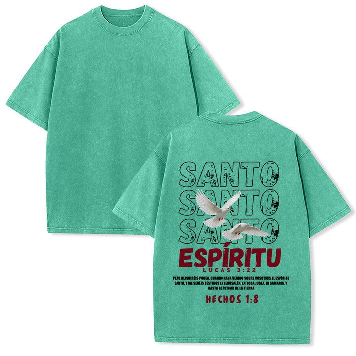 Christianartworkshop Spanischer Heiliger Geist-Slogan, Doppeltaube, Used-Look-Schriftart, Rückseitengrafik, gewaschenes Unisex-T-Shirt - Grün - 5XL - image 7