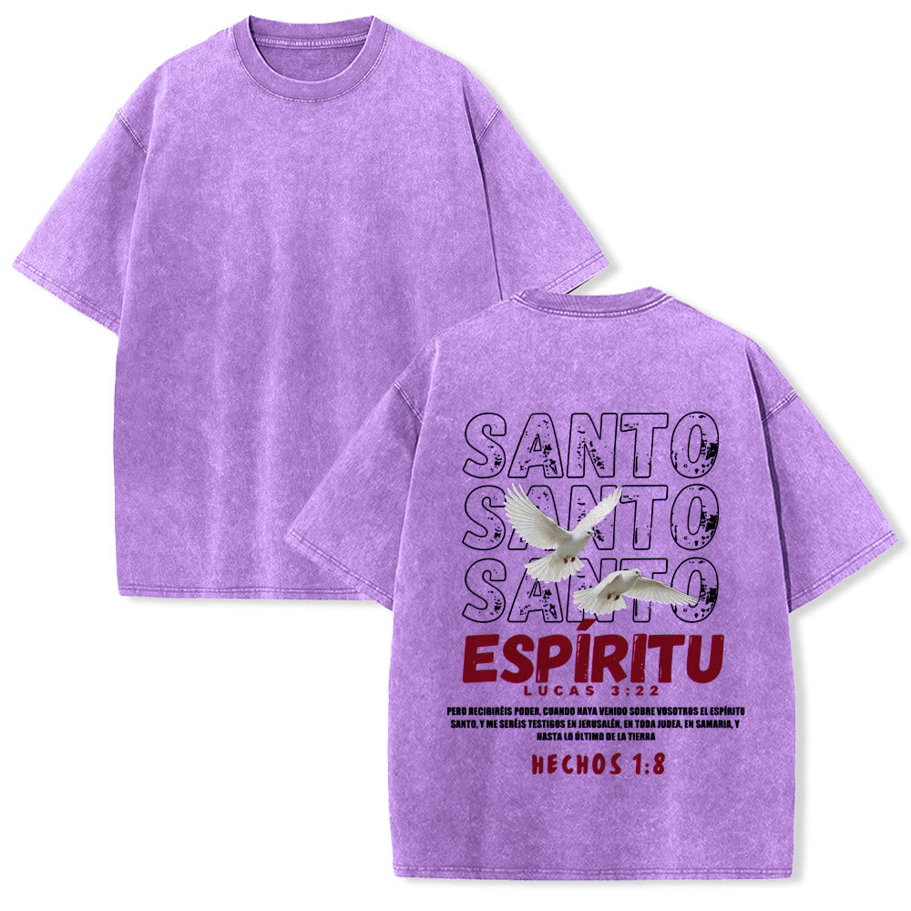Christianartworkshop Spanischer Heiliger Geist-Slogan, Doppeltaube, Used-Look-Schriftart, Rückseitengrafik, gewaschenes Unisex-T-Shirt - Lila - 5XL - image 25