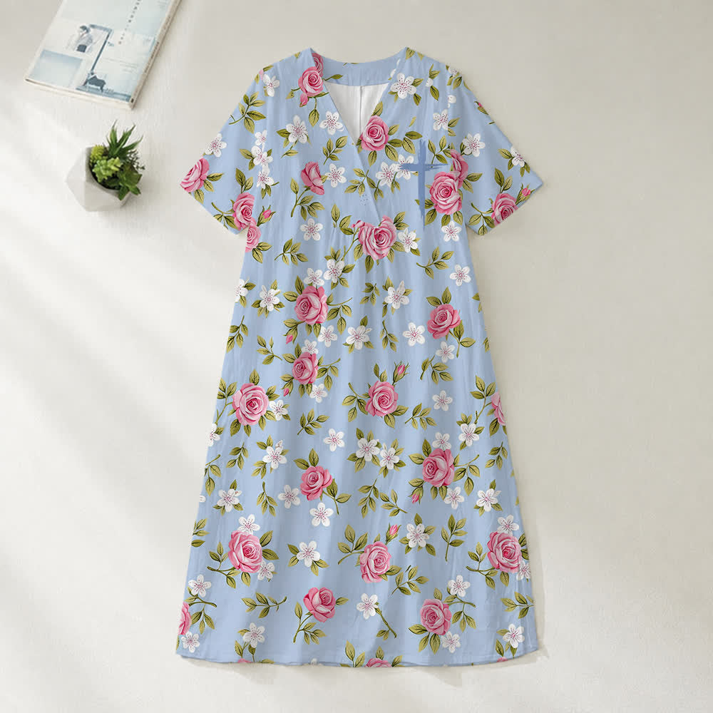 Christianartworkshop Sommerliches Oversize-Midikleid mit Blumenmuster, gekreuztem Grafikprint, V-Ausschnitt und kurzen Ärmeln - Rosengarten - 4XL - image 1