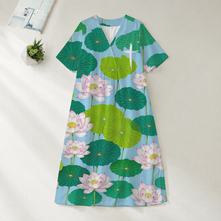 Christianartworkshop Sommerliches Oversize-Midikleid mit Blumenmuster, gekreuztem Grafikprint, V-Ausschnitt und kurzen Ärmeln - Lotus - 4XL - image 13