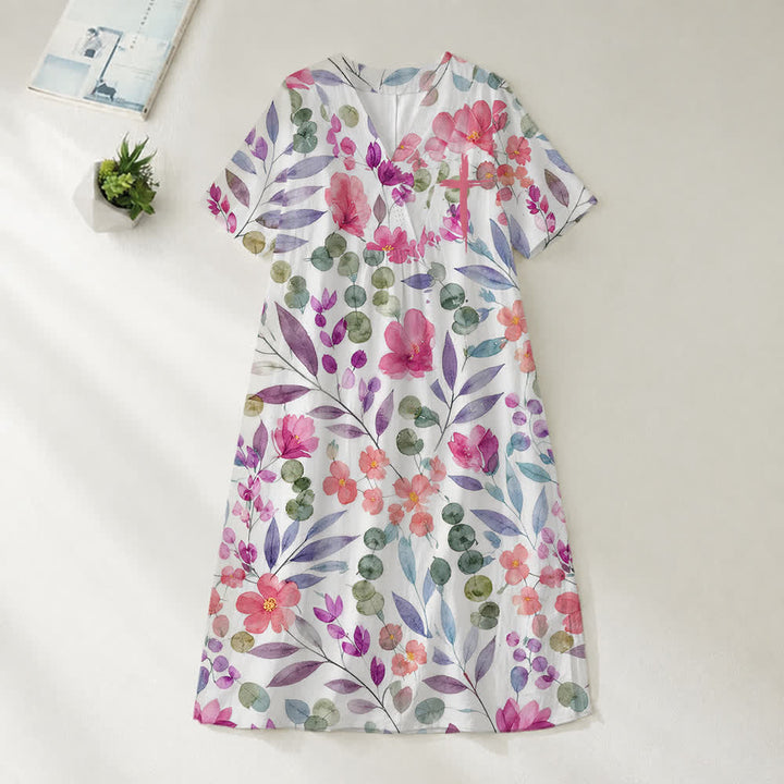 Christianartworkshop Sommerliches Oversize-Midikleid mit Blumenmuster, gekreuztem Grafikprint, V-Ausschnitt und kurzen Ärmeln - Aquarellblumen - 4XL - image 17