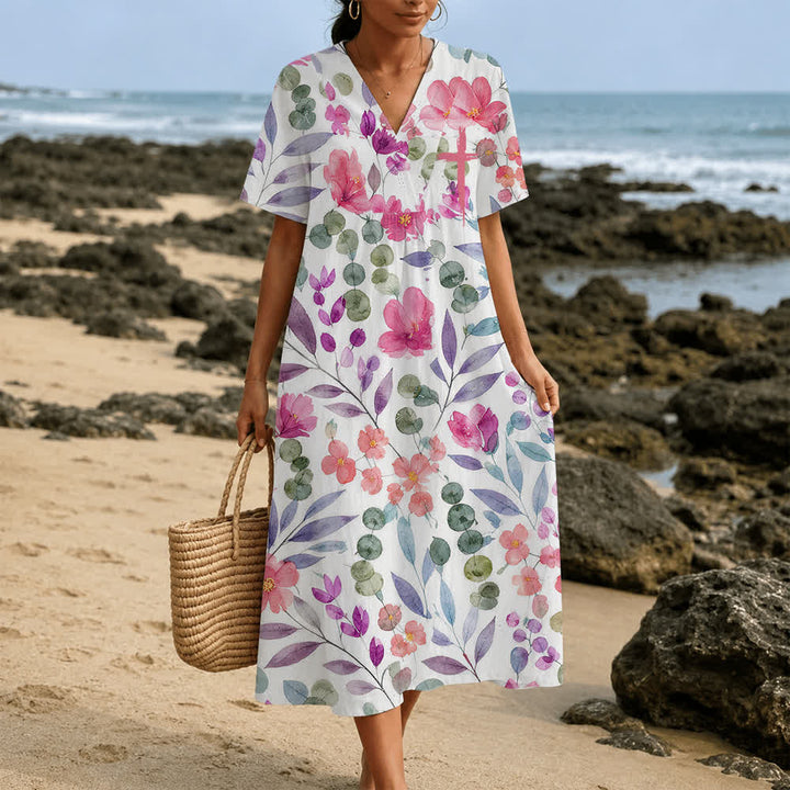 Christianartworkshop Sommerliches Oversize-Midikleid mit Blumenmuster, gekreuztem Grafikprint, V-Ausschnitt und kurzen Ärmeln - image 19