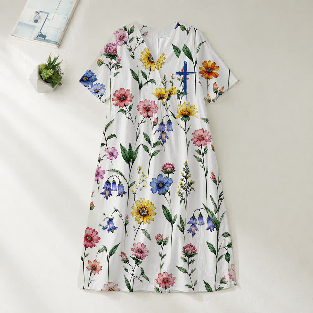 Christianartworkshop Sommerliches Oversize-Midikleid mit Blumenmuster, gekreuztem Grafikprint, V-Ausschnitt und kurzen Ärmeln - Wildblumen - 4XL - image 29
