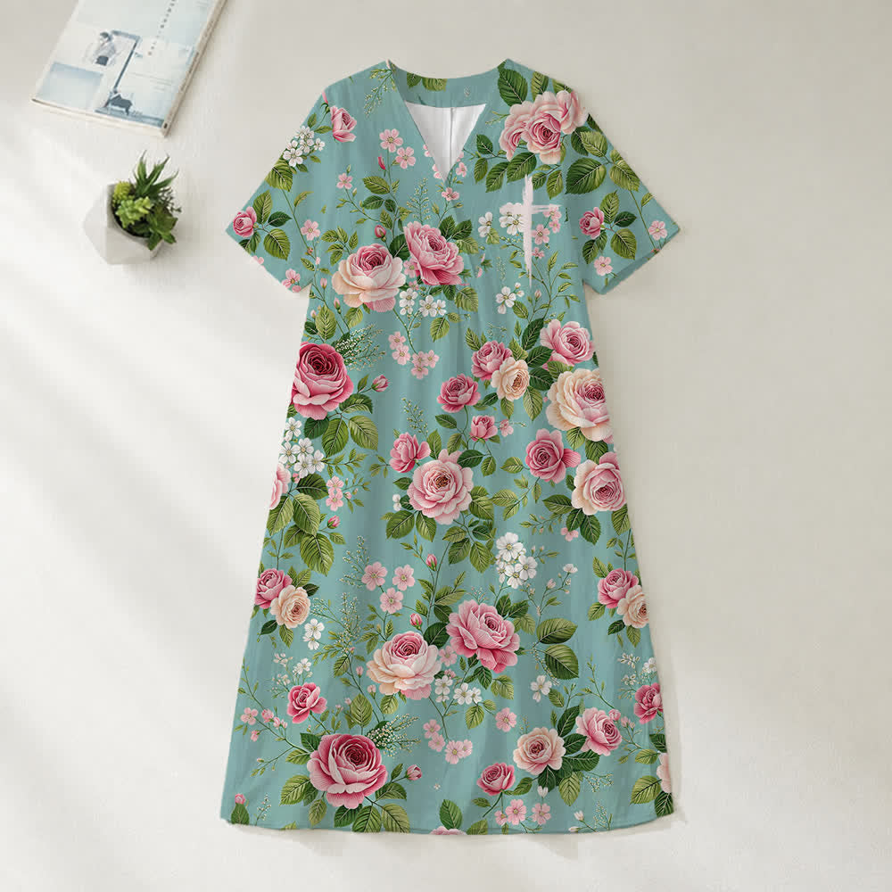 Christianartworkshop Sommerliches Oversize-Midikleid mit Blumenmuster, gekreuztem Grafikprint, V-Ausschnitt und kurzen Ärmeln - Rose - 4XL - image 33