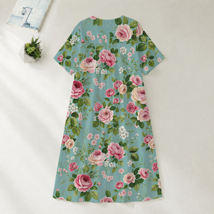 Christianartworkshop Sommerliches Oversize-Midikleid mit Blumenmuster, gekreuztem Grafikprint, V-Ausschnitt und kurzen Ärmeln - image 34