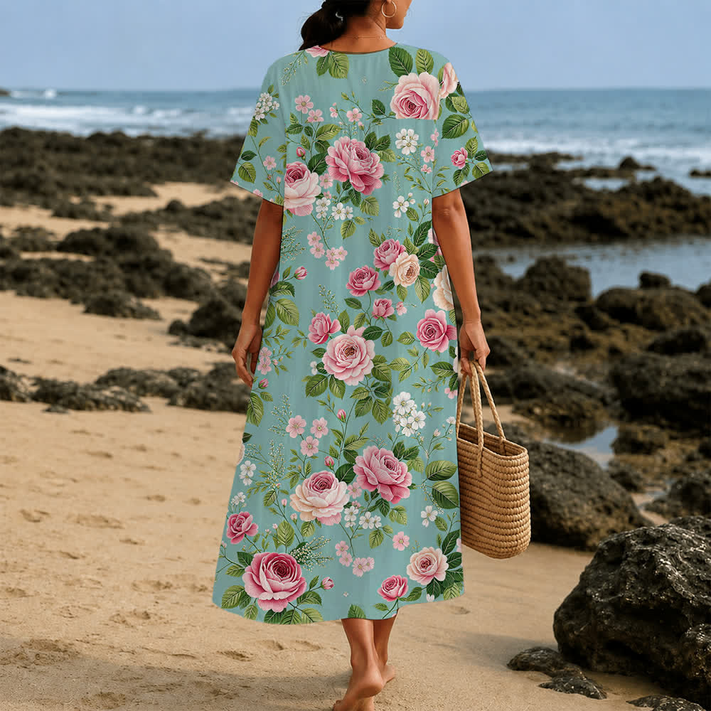 Christianartworkshop Sommerliches Oversize-Midikleid mit Blumenmuster, gekreuztem Grafikprint, V-Ausschnitt und kurzen Ärmeln - image 36