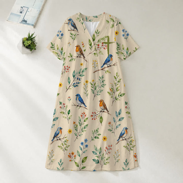 Christianartworkshop Sommerliches Oversize-Midikleid mit Blumenmuster, gekreuztem Grafikprint, V-Ausschnitt und kurzen Ärmeln - Zwitschern - 4XL - image 37