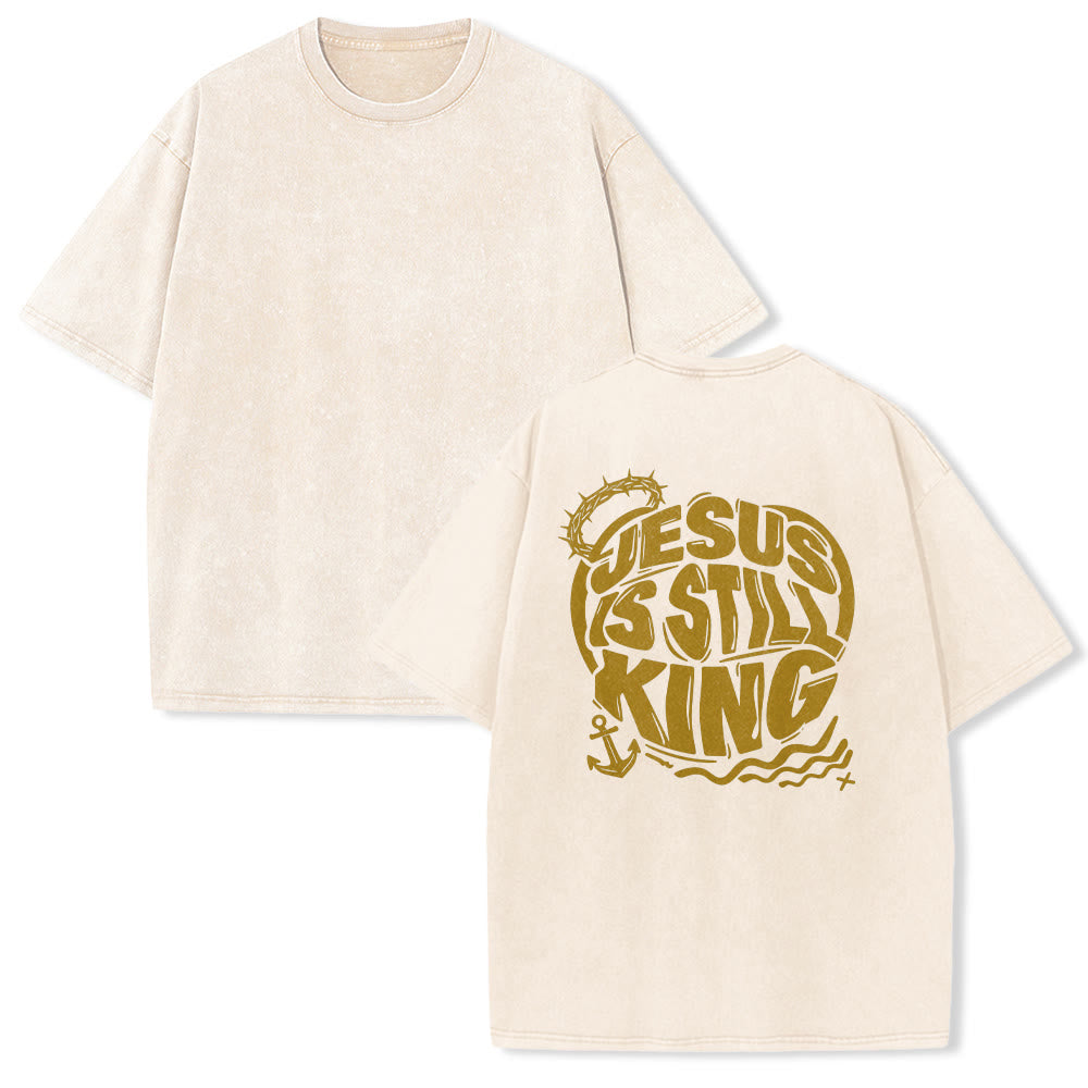 Christianartworkshop Jesus ist immer noch König – Dornenkrone, Anker, Welle – Partner-T-Shirt mit passendem Rückendruck im Vintage-Look, Unisex - Beige - 5XL - image 1