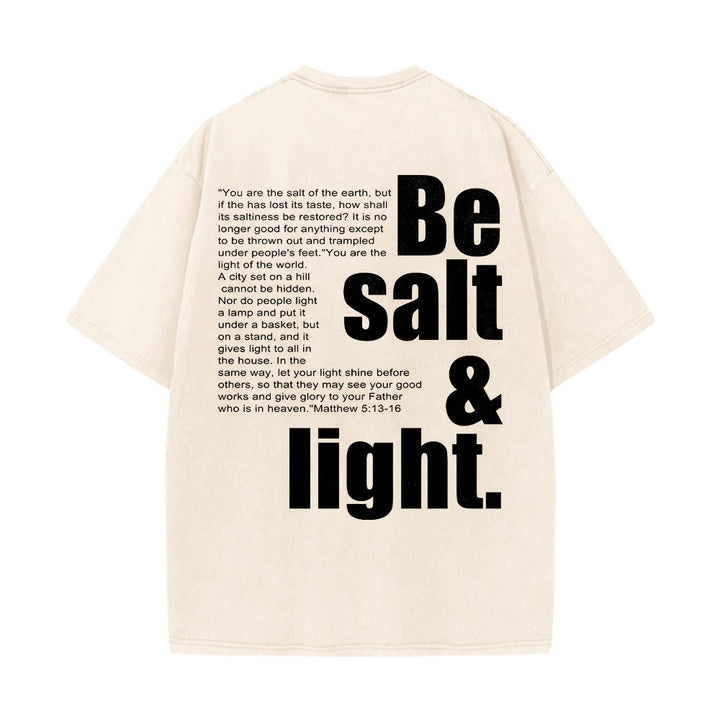 Christianartworkshop Kontrastreiches, groß-kleines Schriftbild mit Bibelvers „Salz und Licht“ auf der Rückseite, gewaschenes Unisex-T-Shirt - image 5