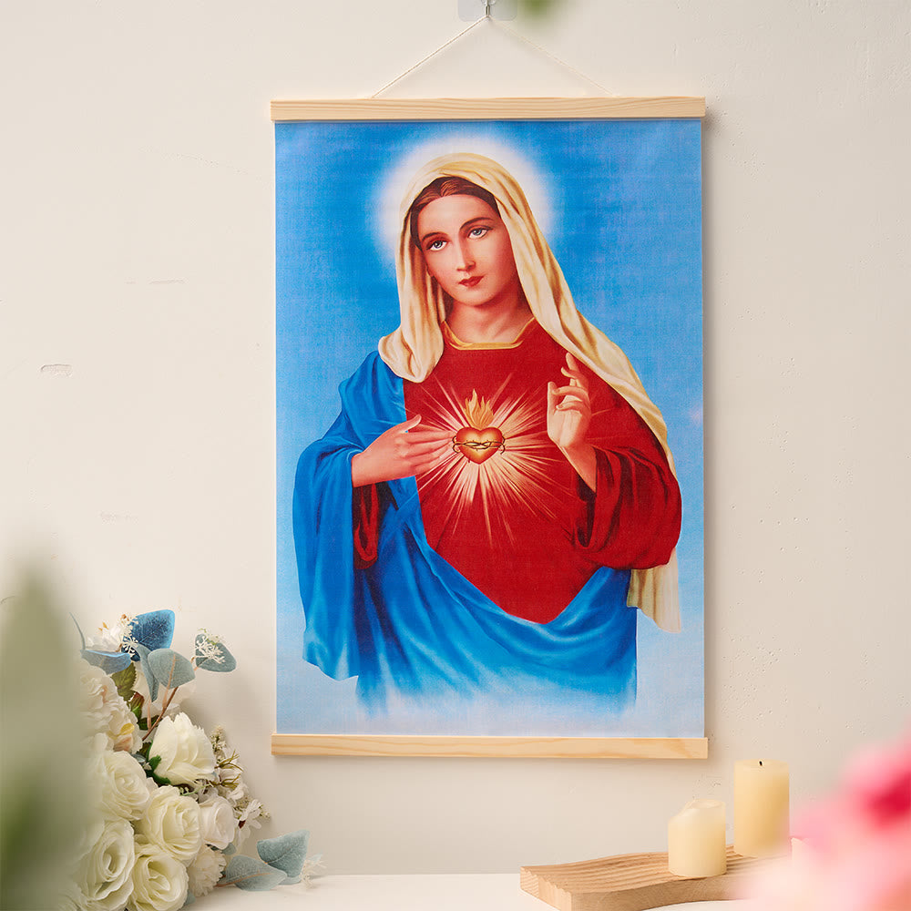Christianartworkshop Unbeflecktes Herz Mariä, Jesus und Heilige Familie – Wandbild aus Naturholz (Rollenbild) - image 1