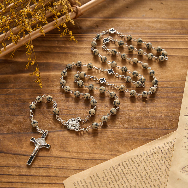 Christianartworkshop Rosenkranz mit geflecktem St.-Benedikt-Kreuz aus Naturstein: Symbol für betenden Schutz und erlösende Barmherzigkeit - Unsere Liebe Frau und das Kruzifix - image 0