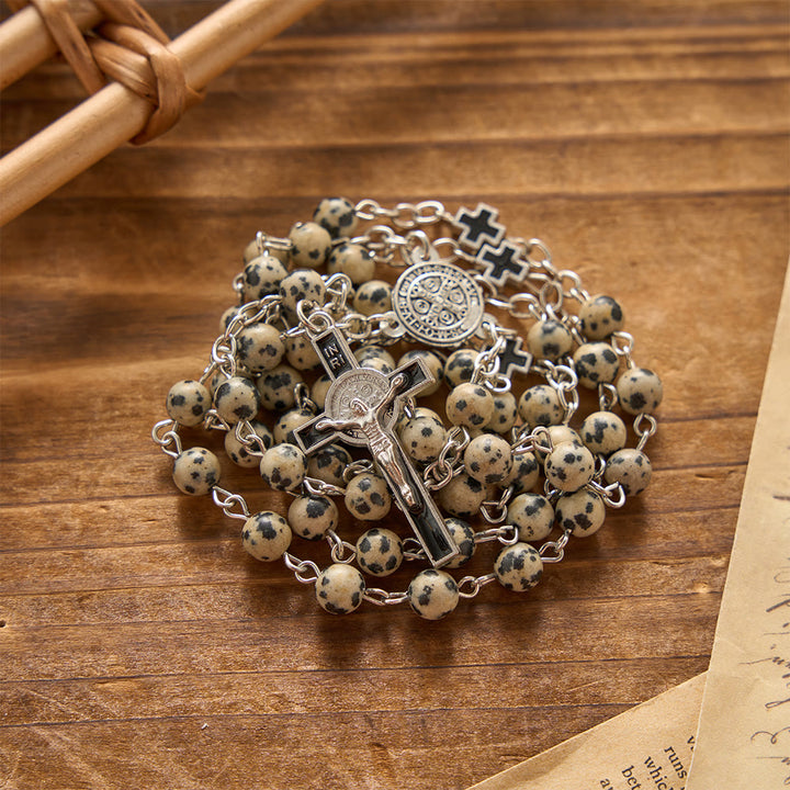 Christianartworkshop Rosenkranz mit geflecktem St.-Benedikt-Kreuz aus Naturstein: Symbol für betenden Schutz und erlösende Barmherzigkeit - image 1