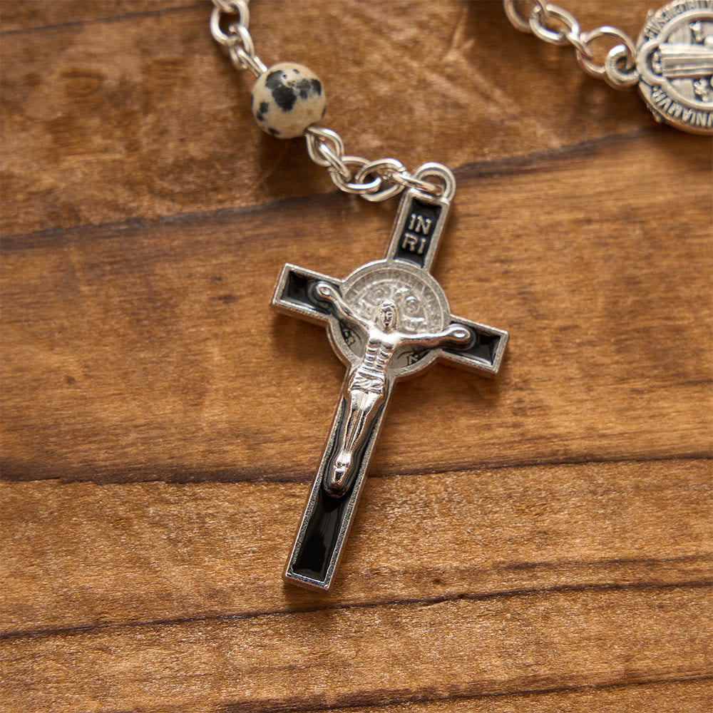 Christianartworkshop Rosenkranz mit geflecktem St.-Benedikt-Kreuz aus Naturstein: Symbol für betenden Schutz und erlösende Barmherzigkeit - image 4