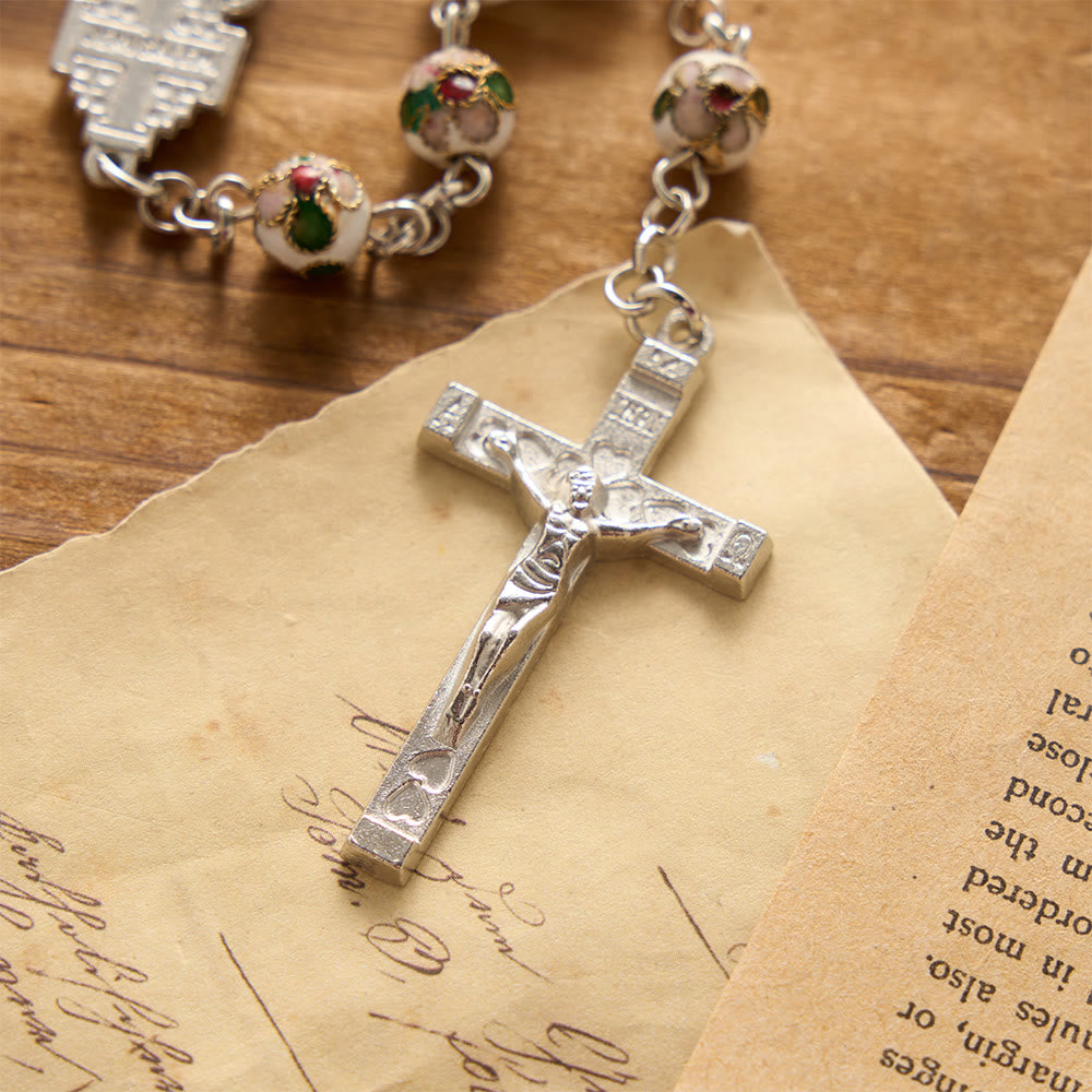 Christianartworkshop Rosenkranz aus weißem Cloisonné-Jerusalemkreuz mit Blumenmuster: Sinnbild zeitloser, schützender göttlicher Gnade - image 4