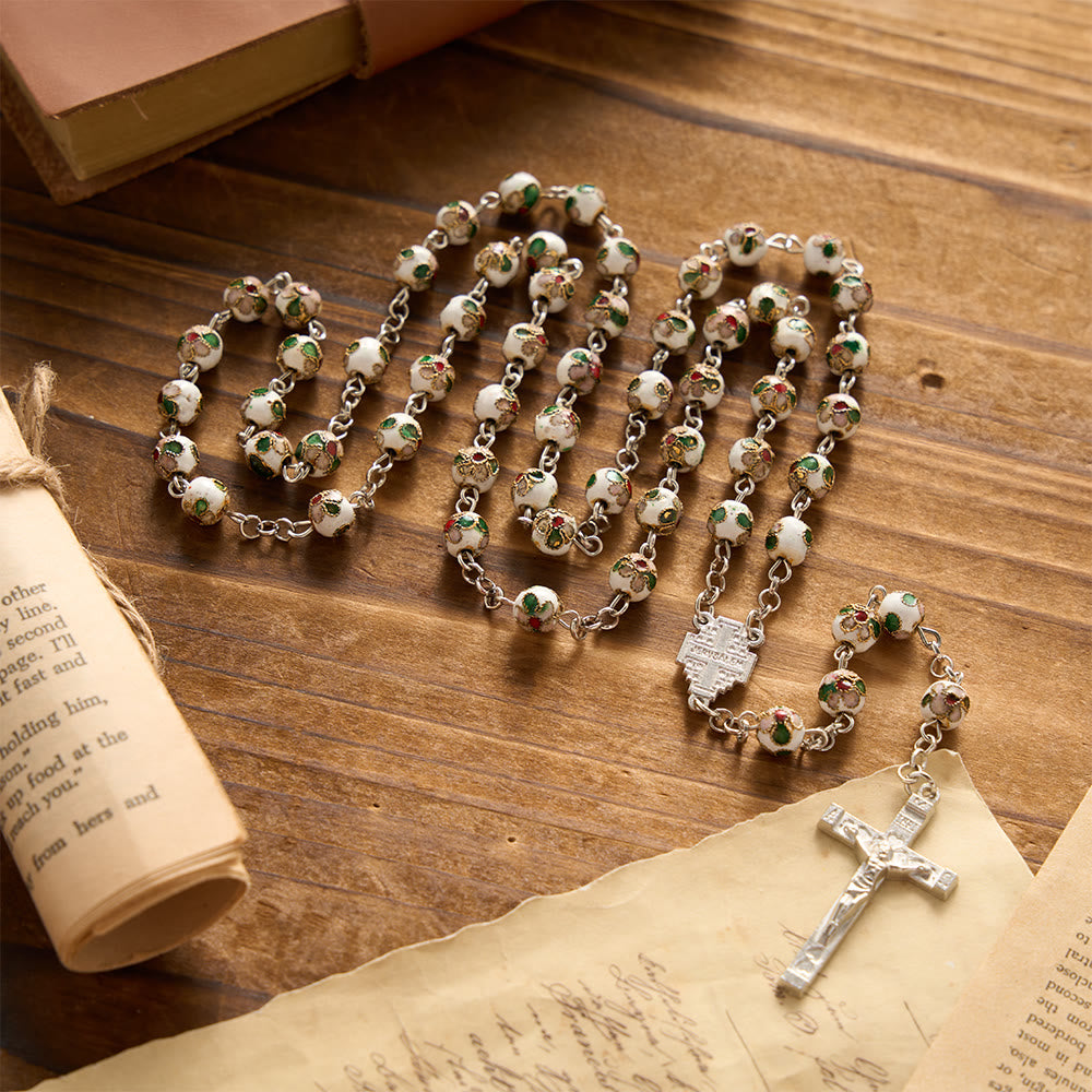 Christianartworkshop Rosenkranz aus weißem Cloisonné-Jerusalemkreuz mit Blumenmuster: Sinnbild zeitloser, schützender göttlicher Gnade - image 1
