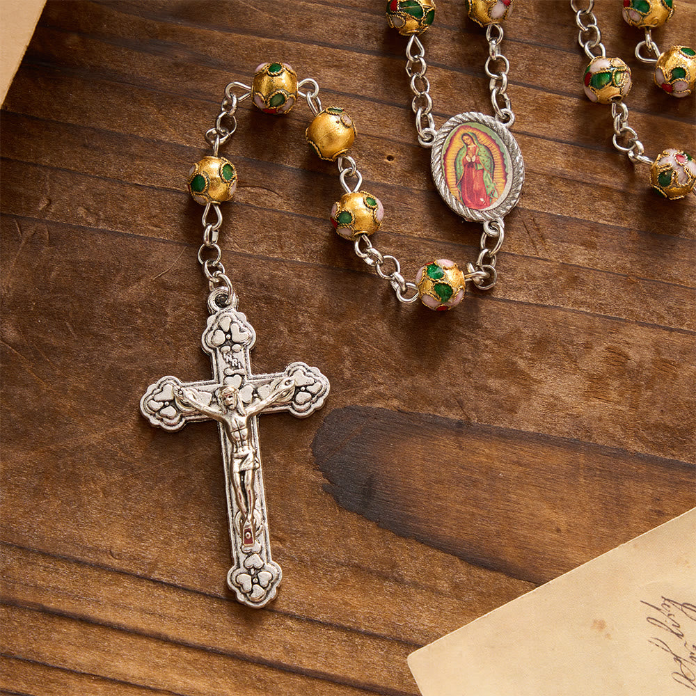 Christianartworkshop Mehrfarbiger Rosenkranz mit floralem Cloisonné-Emaillekreuz und Marienmotiv: Symbol lebendiger, schützender göttlicher Gnade - image 9