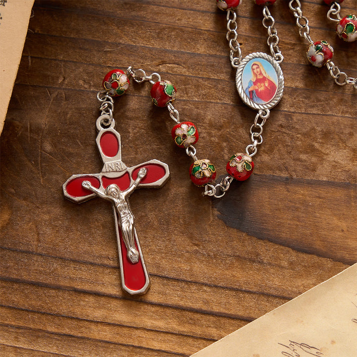 Christianartworkshop Mehrfarbiger Rosenkranz mit floralem Cloisonné-Emaillekreuz und Marienmotiv: Symbol lebendiger, schützender göttlicher Gnade - image 15