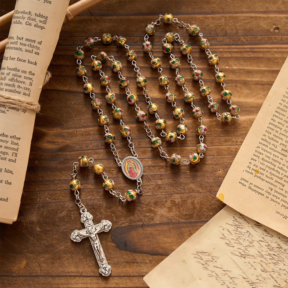 Christianartworkshop Mehrfarbiger Rosenkranz mit floralem Cloisonné-Emaillekreuz und Marienmotiv: Symbol lebendiger, schützender göttlicher Gnade - Golden - image 7