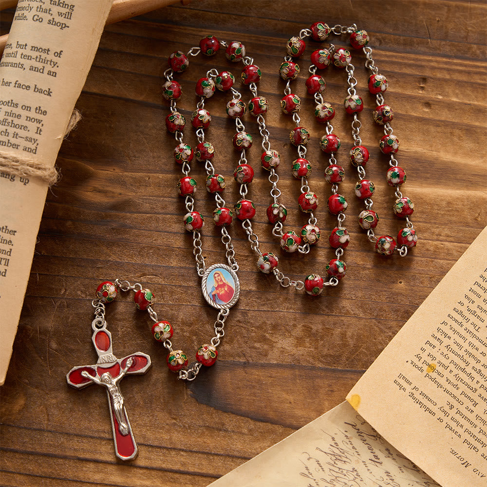 Christianartworkshop Mehrfarbiger Rosenkranz mit floralem Cloisonné-Emaillekreuz und Marienmotiv: Symbol lebendiger, schützender göttlicher Gnade - Rot - image 13