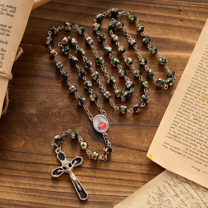 Christianartworkshop Mehrfarbiger Rosenkranz mit floralem Cloisonné-Emaillekreuz und Marienmotiv: Symbol lebendiger, schützender göttlicher Gnade - Schwarz - image 10