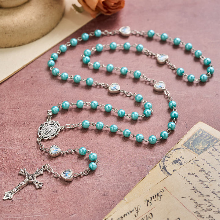 Christianartworkshop Mehrfarbiger, glänzender, perlmuttfarbener Rosenkranz mit Herz und Heiligenporträt: Symbol des sanften himmlischen Schutzes - Blau - image 16