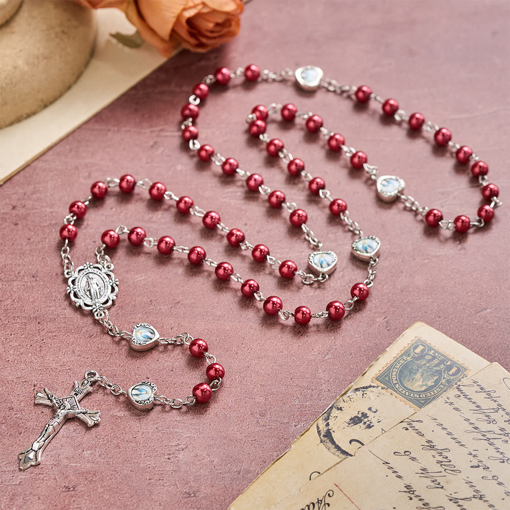 Christianartworkshop Mehrfarbiger, glänzender, perlmuttfarbener Rosenkranz mit Herz und Heiligenporträt: Symbol des sanften himmlischen Schutzes - Rot - image 20