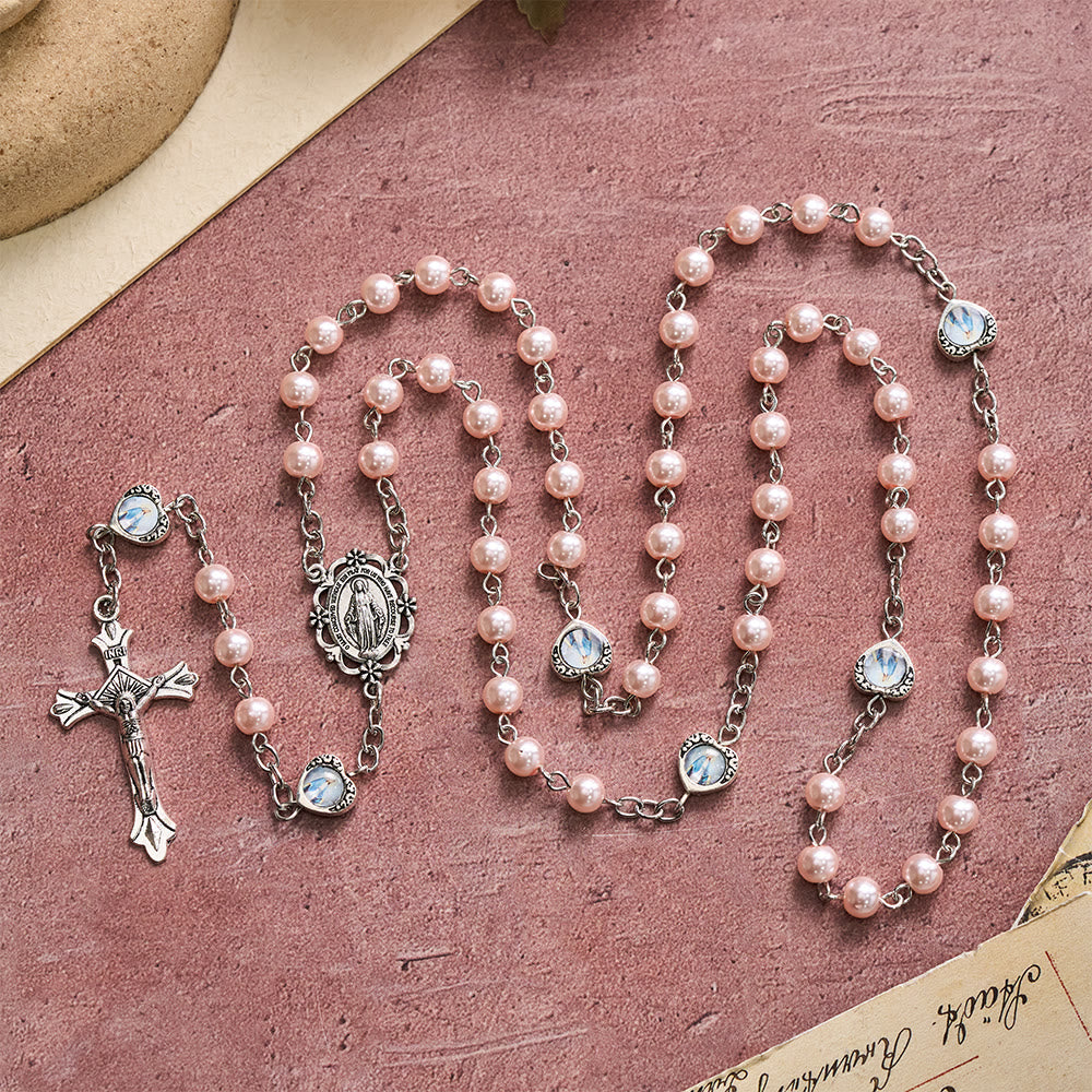 Christianartworkshop Mehrfarbiger, glänzender, perlmuttfarbener Rosenkranz mit Herz und Heiligenporträt: Symbol des sanften himmlischen Schutzes - image 9
