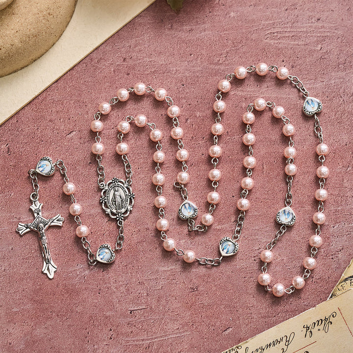 Christianartworkshop Mehrfarbiger, glänzender, perlmuttfarbener Rosenkranz mit Herz und Heiligenporträt: Symbol des sanften himmlischen Schutzes - image 9