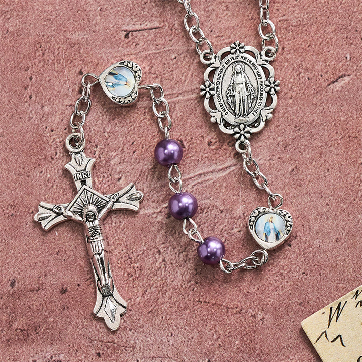 Christianartworkshop Mehrfarbiger, glänzender, perlmuttfarbener Rosenkranz mit Herz und Heiligenporträt: Symbol des sanften himmlischen Schutzes - image 3