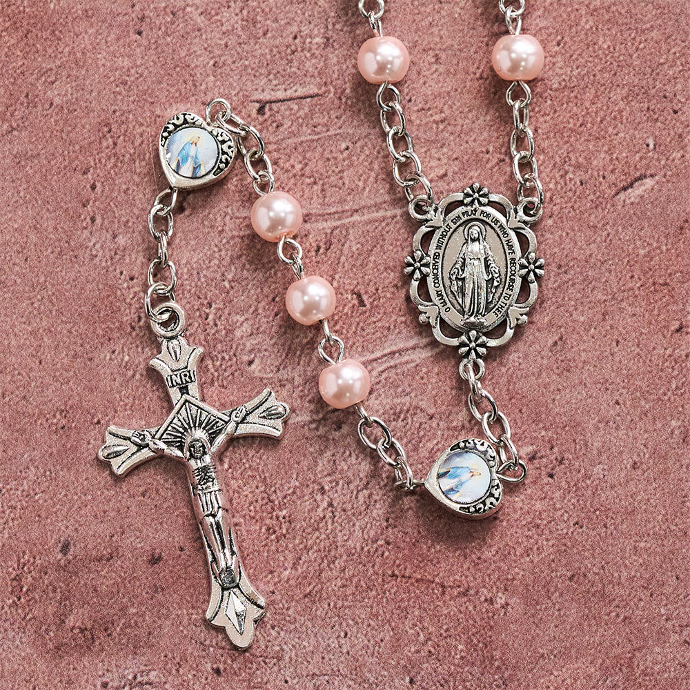 Christianartworkshop Mehrfarbiger, glänzender, perlmuttfarbener Rosenkranz mit Herz und Heiligenporträt: Symbol des sanften himmlischen Schutzes - image 11