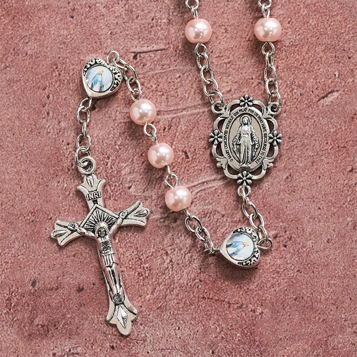 Christianartworkshop Mehrfarbiger, glänzender, perlmuttfarbener Rosenkranz mit Herz und Heiligenporträt: Symbol des sanften himmlischen Schutzes - image 11