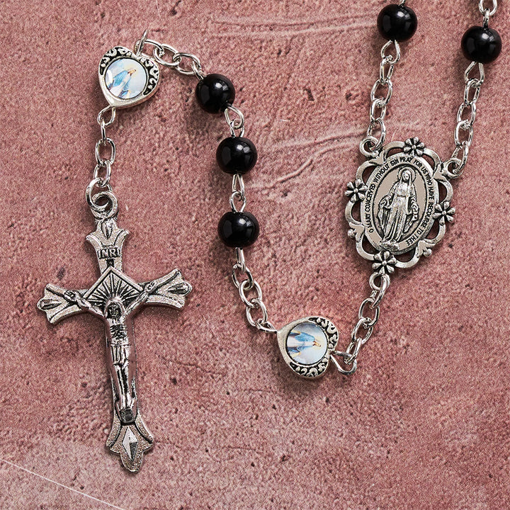 Christianartworkshop Mehrfarbiger, glänzender, perlmuttfarbener Rosenkranz mit Herz und Heiligenporträt: Symbol des sanften himmlischen Schutzes - image 15