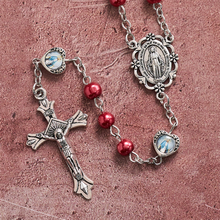 Christianartworkshop Mehrfarbiger, glänzender, perlmuttfarbener Rosenkranz mit Herz und Heiligenporträt: Symbol des sanften himmlischen Schutzes - image 23