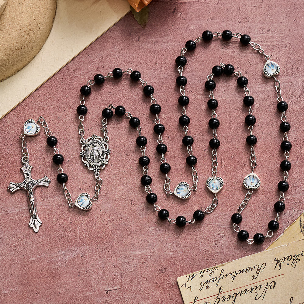 Christianartworkshop Mehrfarbiger, glänzender, perlmuttfarbener Rosenkranz mit Herz und Heiligenporträt: Symbol des sanften himmlischen Schutzes - image 13