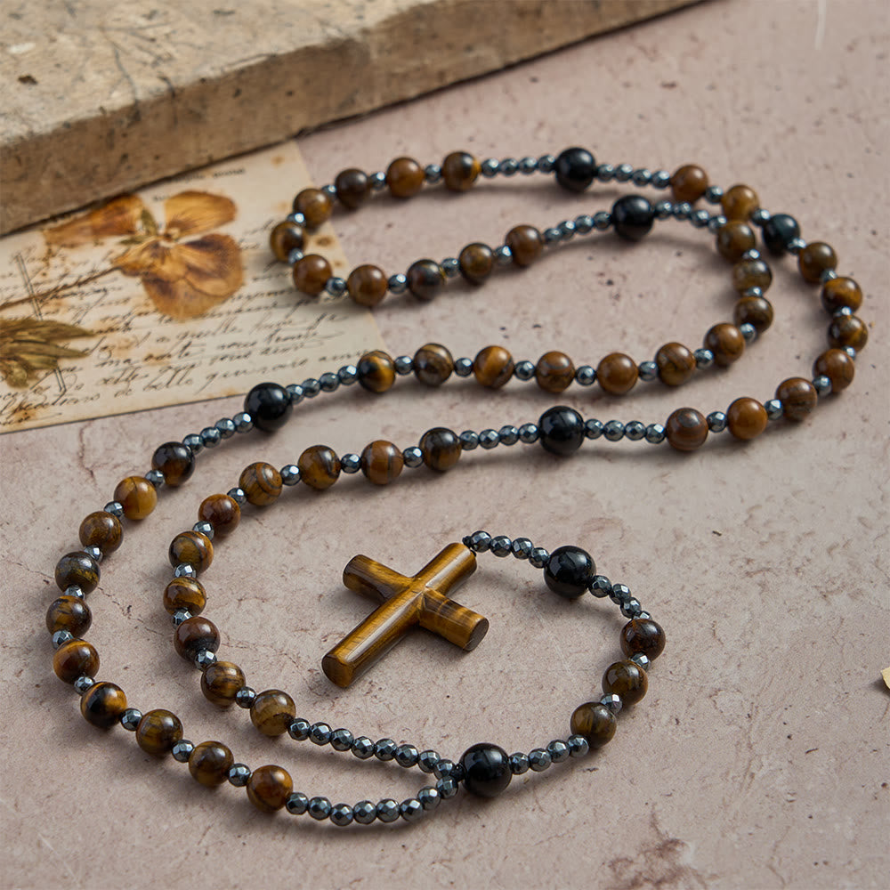 Christianartworkshop Rosenkranz aus massivem Kreuz aus Tigerauge und Obsidian: Symbol der geerdeten, stabilisierenden göttlichen Gnade - Rosenkranz mit Tigeraugen - image 0