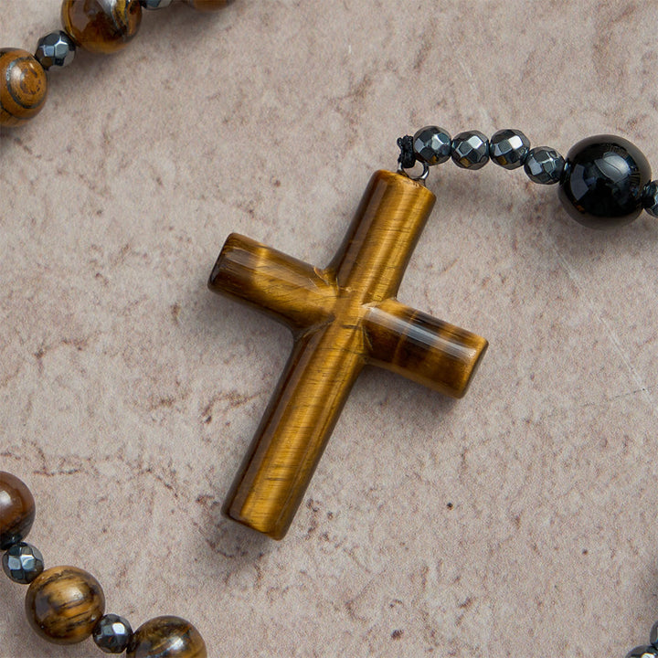 Christianartworkshop Rosenkranz aus massivem Kreuz aus Tigerauge und Obsidian: Symbol der geerdeten, stabilisierenden göttlichen Gnade - image 4