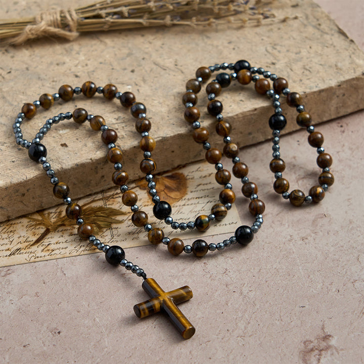 Christianartworkshop Rosenkranz aus massivem Kreuz aus Tigerauge und Obsidian: Symbol der geerdeten, stabilisierenden göttlichen Gnade - image 1