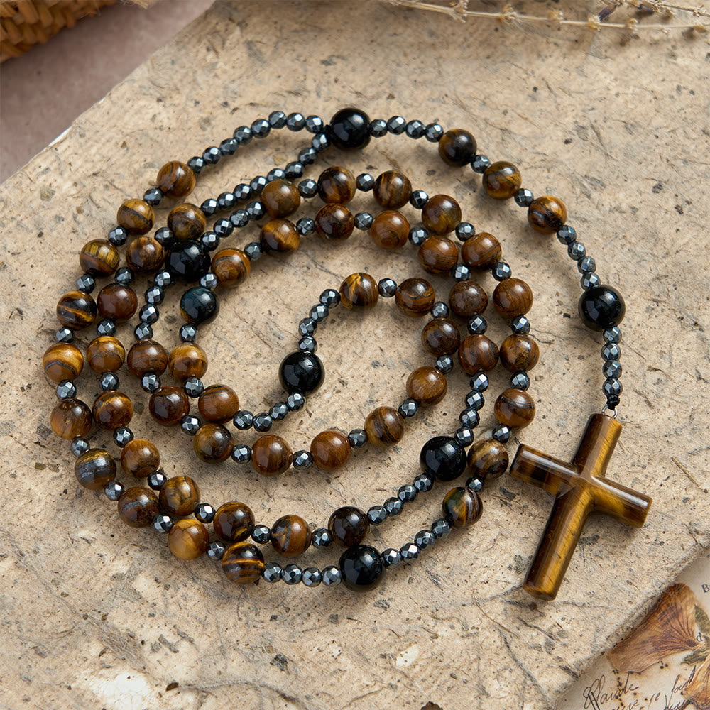 Christianartworkshop Rosenkranz aus massivem Kreuz aus Tigerauge und Obsidian: Symbol der geerdeten, stabilisierenden göttlichen Gnade - image 2