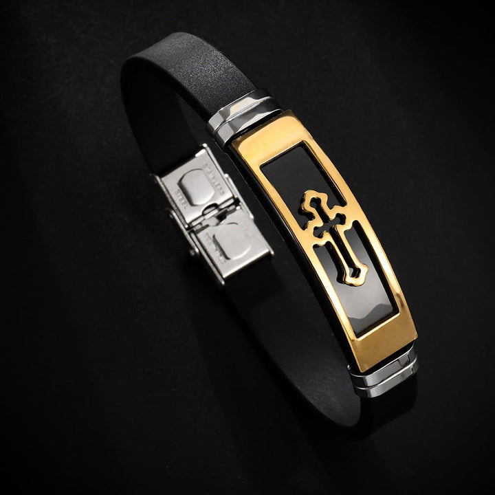 Christianartworkshop Armband aus Edelstahl und Silikon mit hohlem Kreuzmotiv: Symbol subtiler, beständiger Gnade - Schwarz & Gold - image 2