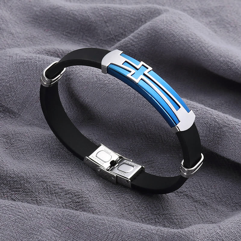 Christianartworkshop Zweilagiges Armband aus Edelstahl und Silikon mit hohlem Kreuz: Symbol minimalistischer, beständiger Anmut - Blau - image 5
