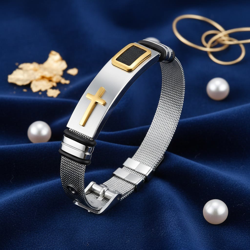 Christianartworkshop Zweifarbiges Armband mit erhabenem Kreuzmuster und Dornschließe aus Edelstahl: Symbol minimalistischer, beständiger Anmut - image 8