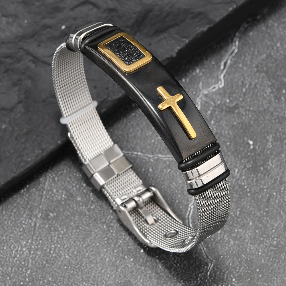 Christianartworkshop Zweifarbiges Armband mit erhabenem Kreuzmuster und Dornschließe aus Edelstahl: Symbol minimalistischer, beständiger Anmut - Schwarz & Gold - image 5