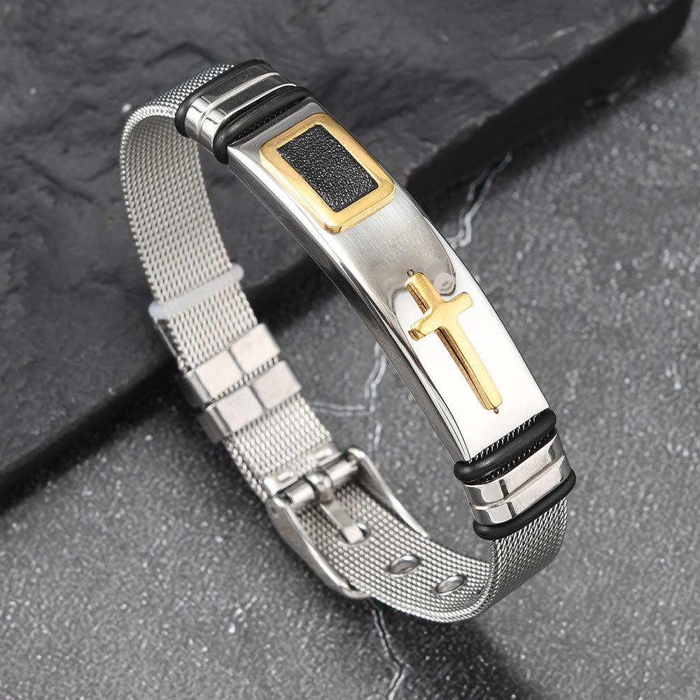 Christianartworkshop Zweifarbiges Armband mit erhabenem Kreuzmuster und Dornschließe aus Edelstahl: Symbol minimalistischer, beständiger Anmut - Silber & Gold - image 7