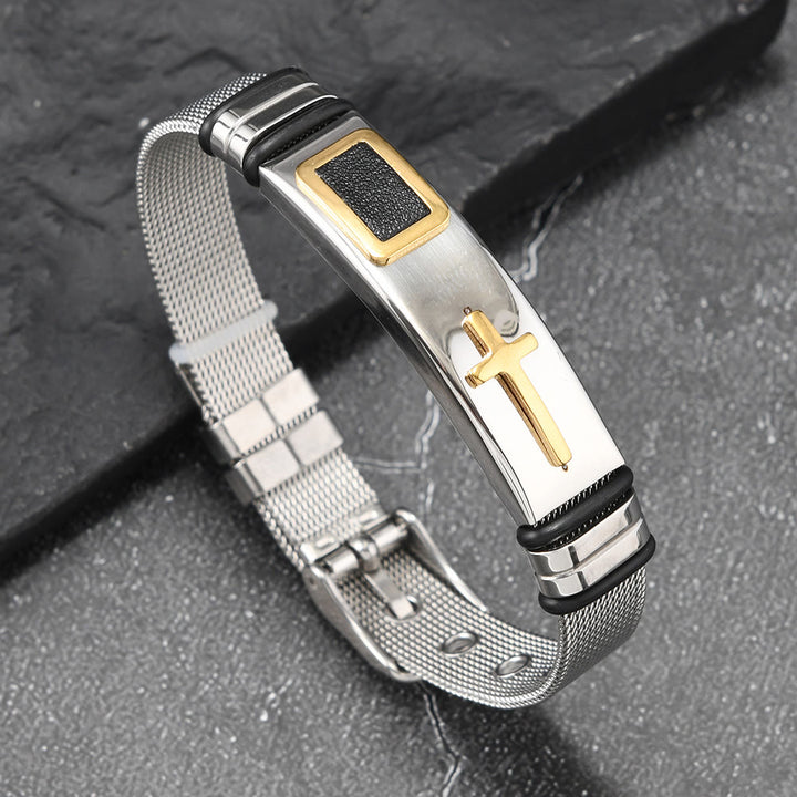 Christianartworkshop Zweifarbiges Armband mit erhabenem Kreuzmuster und Dornschließe aus Edelstahl: Symbol minimalistischer, beständiger Anmut - Silber & Gold - image 7