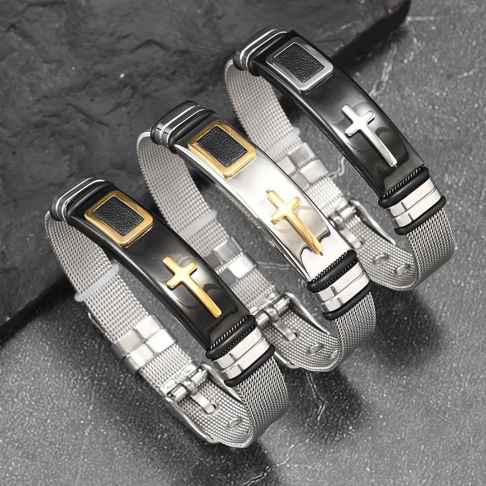 Christianartworkshop Zweifarbiges Armband mit erhabenem Kreuzmuster und Dornschließe aus Edelstahl: Symbol minimalistischer, beständiger Anmut - image 0