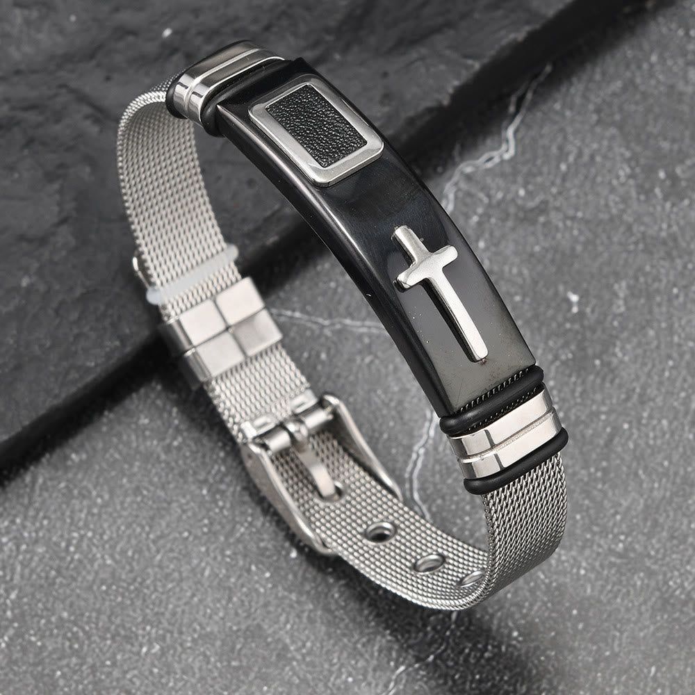 Christianartworkshop Zweifarbiges Armband mit erhabenem Kreuzmuster und Dornschließe aus Edelstahl: Symbol minimalistischer, beständiger Anmut - Schwarz & Silber - image 6