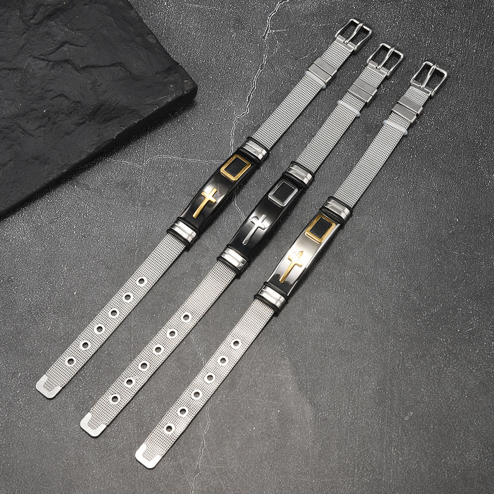 Christianartworkshop Zweifarbiges Armband mit erhabenem Kreuzmuster und Dornschließe aus Edelstahl: Symbol minimalistischer, beständiger Anmut - image 3